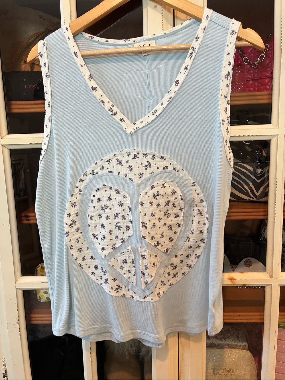 POL Light Blue Floral Peace Appliqué Tank Top